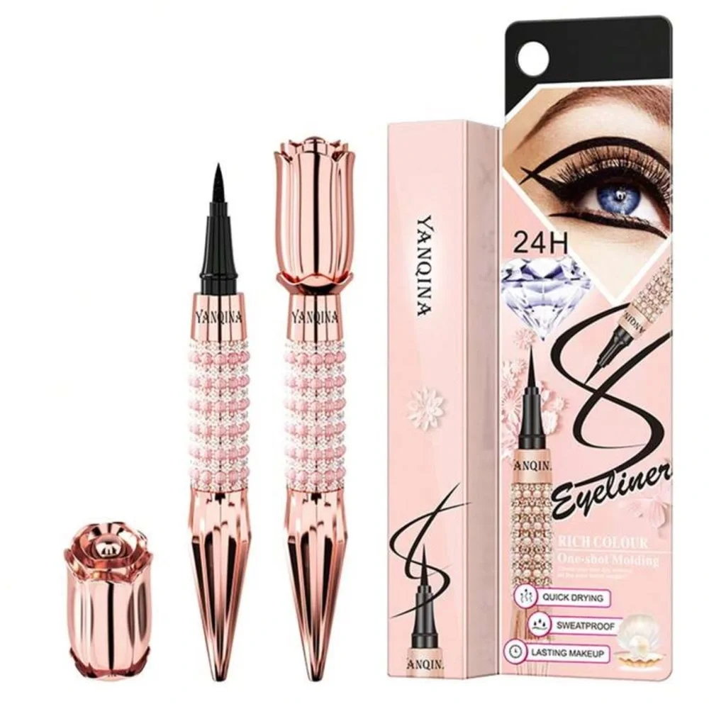 Long-Lasting Black Liquid Eyeliner Pen with Rhinestone Bronzing Effect Waterproo